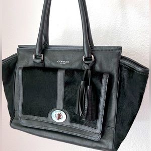 Iconic Coach black leather and calf hair Legacy Candace tote handbag.